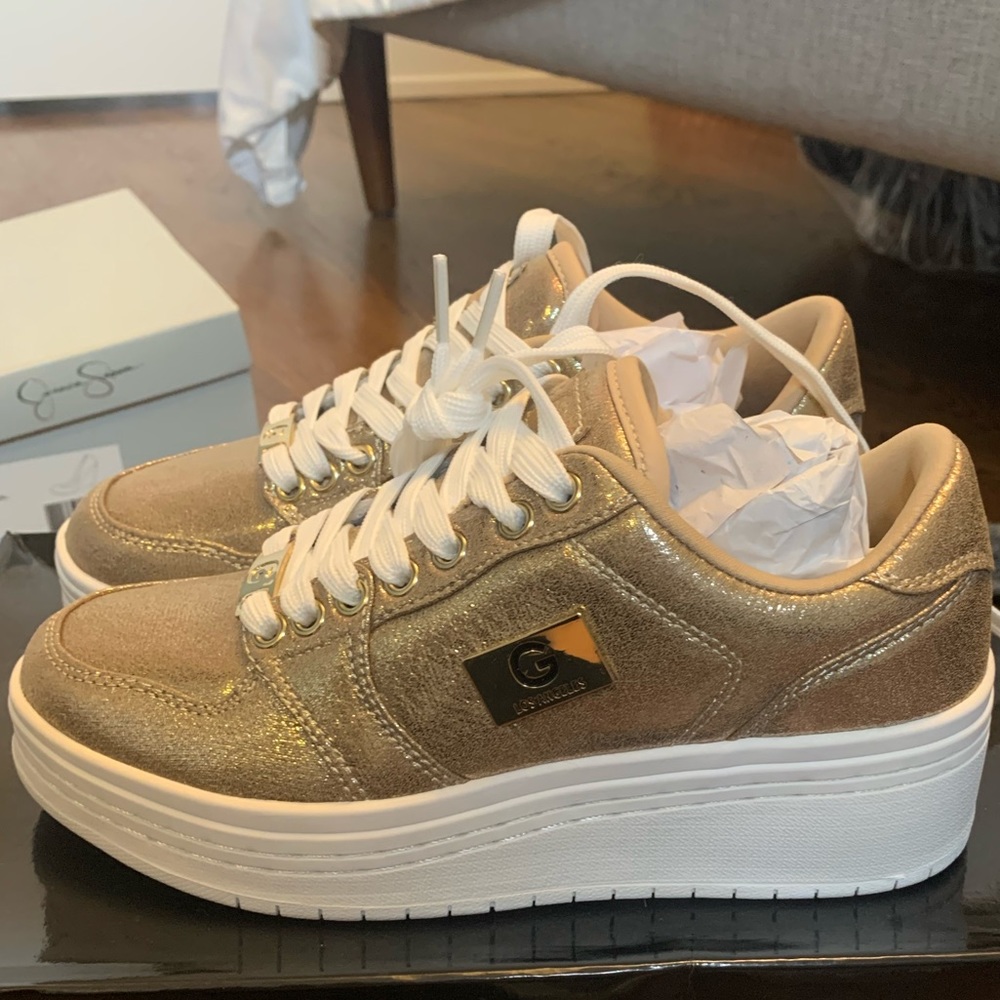 Guess G by Guess Womens Gold Rigster Fabric Low Top Lace Up Fashion Sneakers